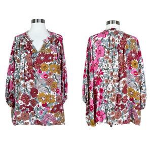 Entro | Floral Print Colorful Pink Red White Flowy Soft Boho Peasant Blouse Top